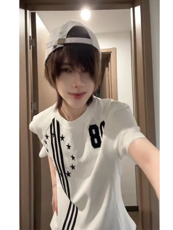 

Retro American Stripe Letter Print Short Sleeve T-Shirt Unisex Summer Casual Cotton Top for Teen Girls And Women