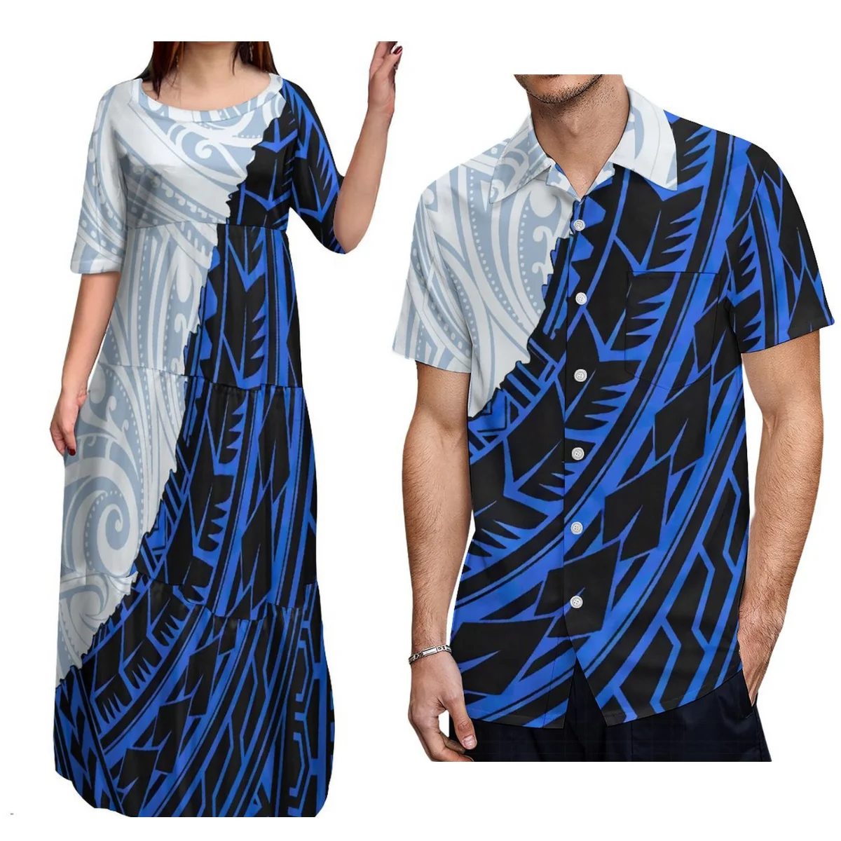 Custom Printed Hawaiian Dress Half Sleeve Long Ruffled Tiered Dress Blue Polynesian Dress Matching Men'S Button-Down Shirt