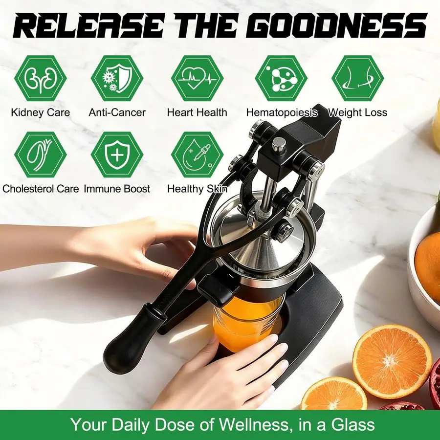 Press Juicer Machine, Commercial Heavy Duty Cast Iron manual Press, for Orange Juice Lime Lemon Pomegranate, Easy to Use amp Cle