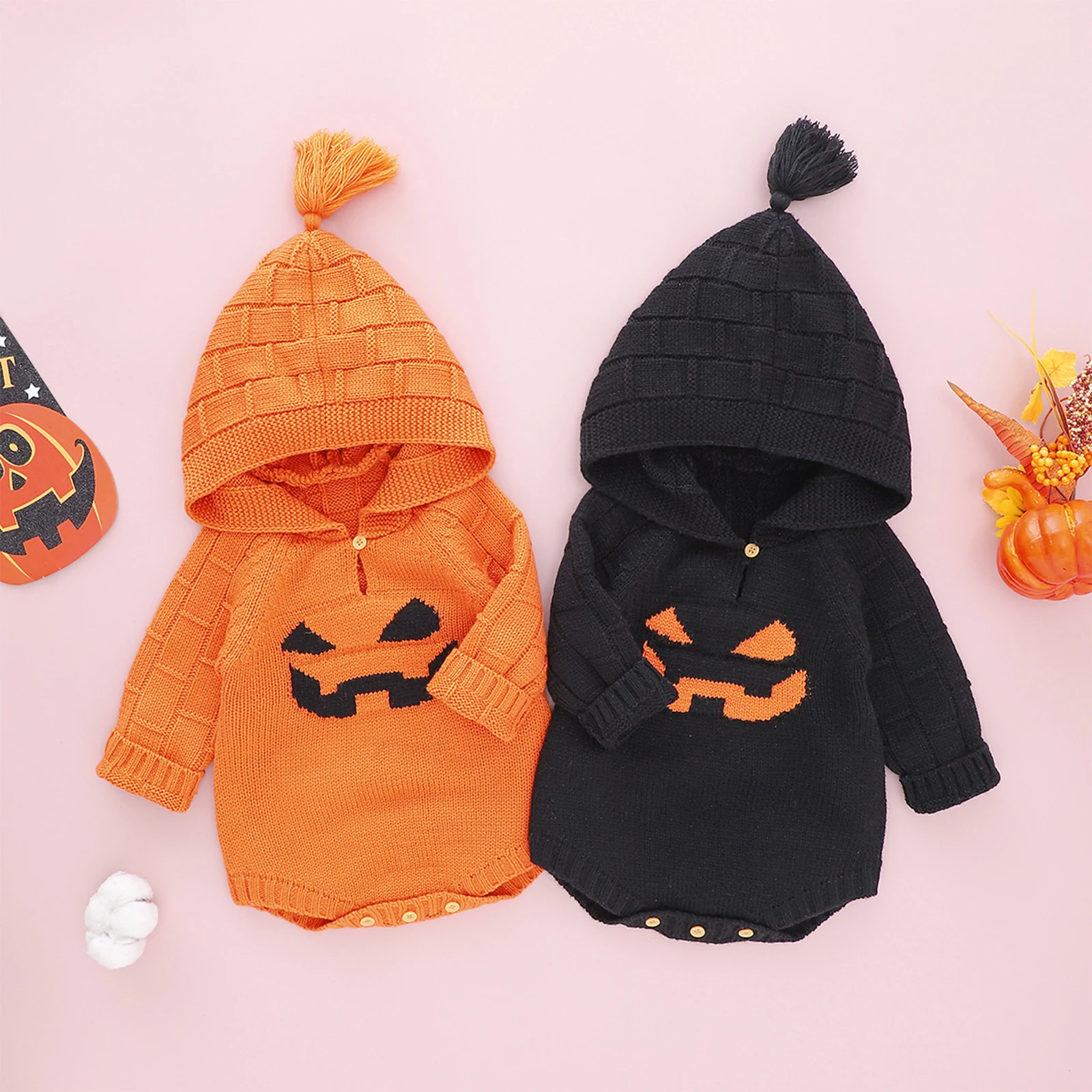 Infant Newborn Baby\'s Clothes Halloween Knitted Romper Pumpkin Face Pattern Long Sleeve Hooded Costumes Children\'s Clothing Set