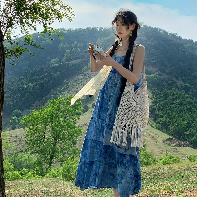 n Sle Long Dr Vaion Beachwear Tie Dye Proc Strap Vintage Dr Travel Matching Summer Cake Skirt Printed Dr