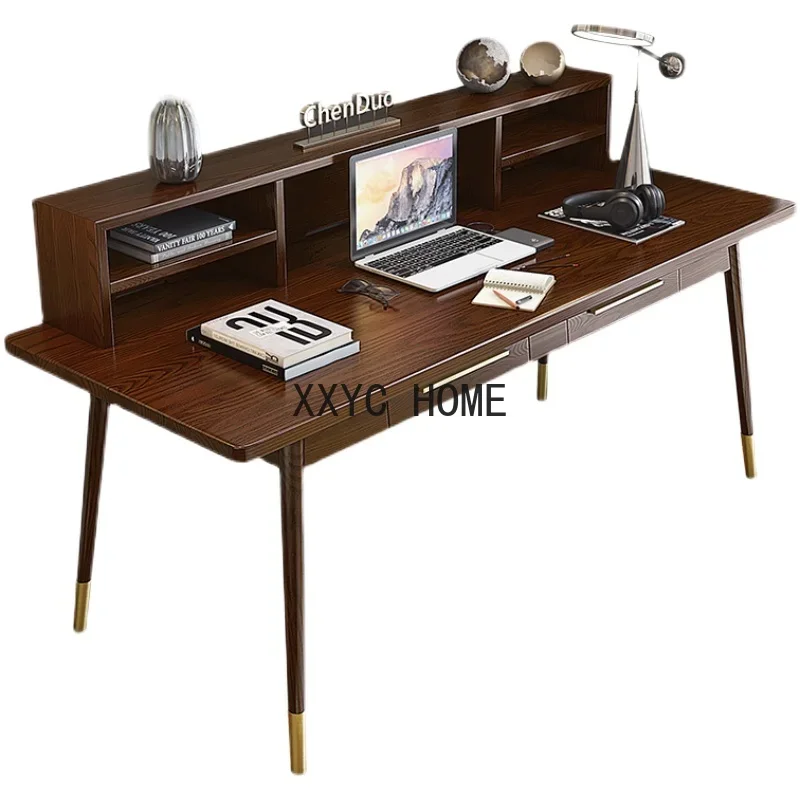 Book Desk, Real Wood, Computer Desk, Oak Desk, Light Luxury, Brass, High-quality Solid Wood