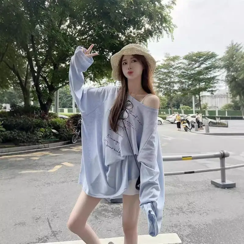 

Легкая хлопковая женская футболка с длинным рукавом в стиле оверсайз для лета, солнцезащитная, простая и универсальная