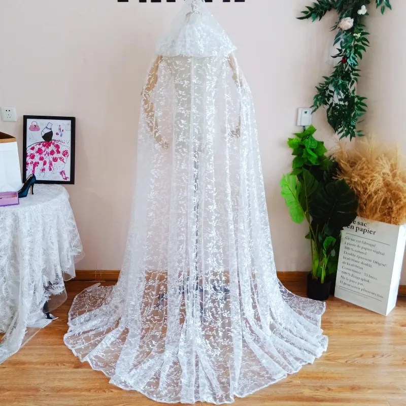 Elegant Lace Long Wedding Cape With Hood 2m Length Bohemian Brides Wraps Floral Jacket Sweep Train Bridal Accessories