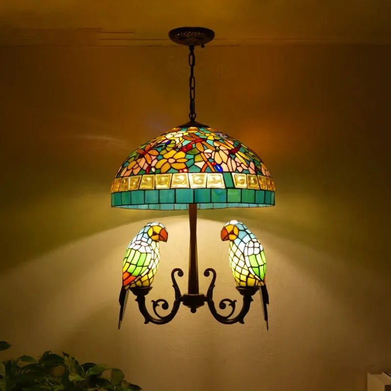 OULALA Tiffany Parrot Chandelier Vintage Creative Color Glass Living Room restaurant Bedroom Hotel Corridor Pendant Lamp