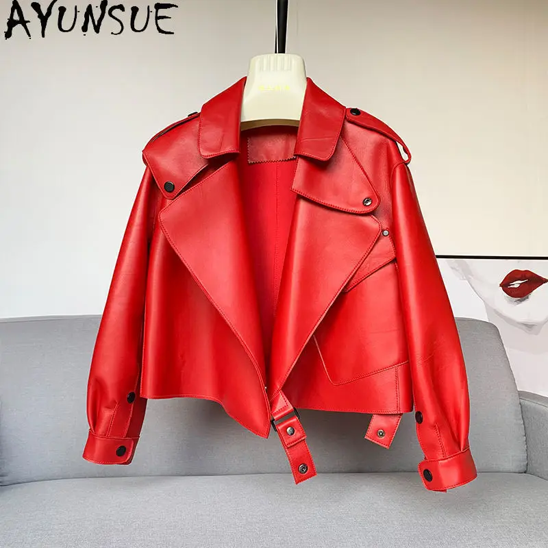 AYUNSUE Giacca in vera pelle da donna Cappotti da donna in vera pelle di pecora Giacche da moto 2025 Abiti autunnali larghi con vestibilità audativa ».ха Ж Dön Ж Dön Dön Disfrute