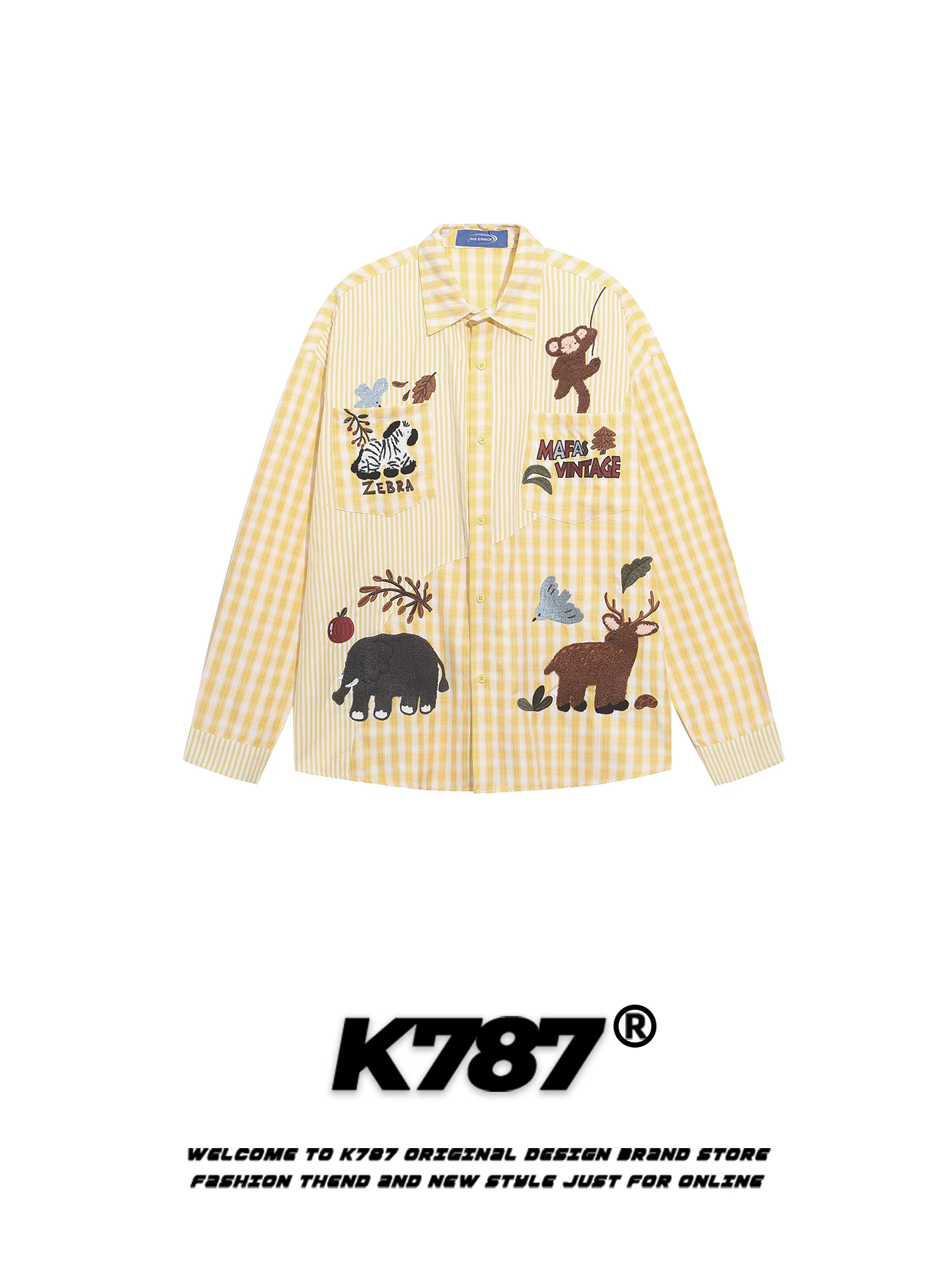 

K787 American Retro Cartoon Animal Embroidery Long Sve irt Loose Fit Men Women Cheered Slimming Chic Couple irt