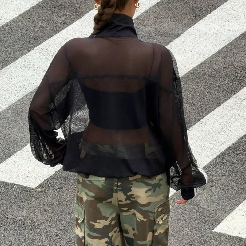 Damen-Mesh-Sweatshirt-Jacke mit Reißverschluss, Stehkragen, Kontraststreifen, Langen Ärmeln, Froschknöpfen, Lockerer Passform, Y2K-Streetwear – Detail 6
