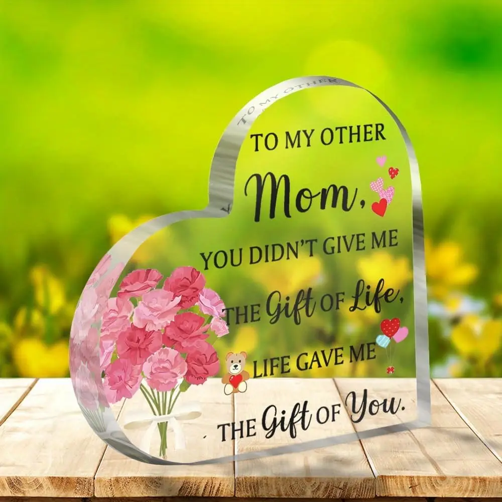 Heart‑Shaped Acrylic Plaque To My Other Mom Carnation Sentimental Keepsake Gift，You Are The Gift Of My Life Freestanding Heart Acrylic Desktop Decor For Step‑Mom