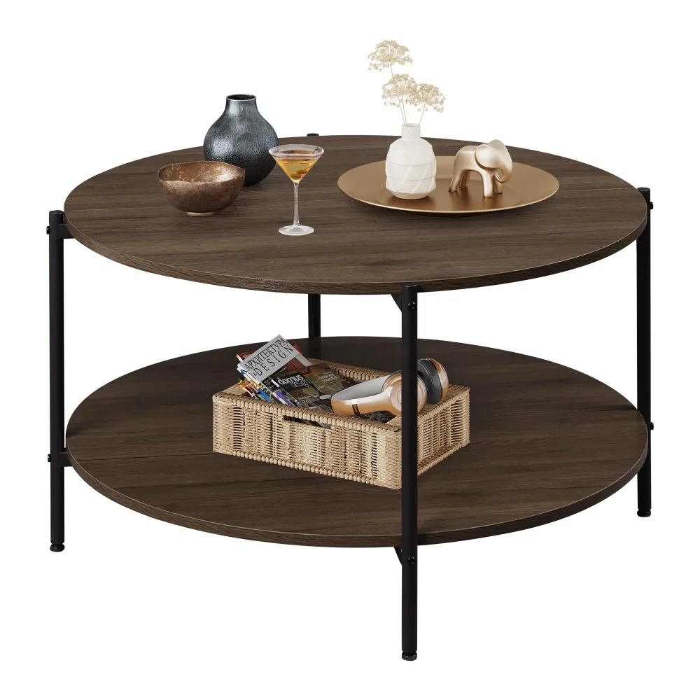 

2024 New Living Room Table with 2-Tier Storage Shelf, 32in Wood Modern Coffee Table with Metal Frame and Wood Desktop