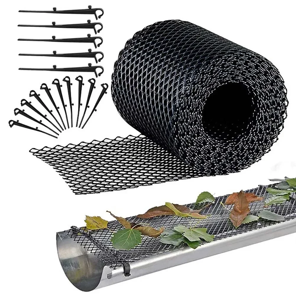 15cmx 6m Mesh Gutter Guard Leaf Protection Mat Guttering Block Leaves Prevent Clogging Garden Protection Net With Fixing Pin