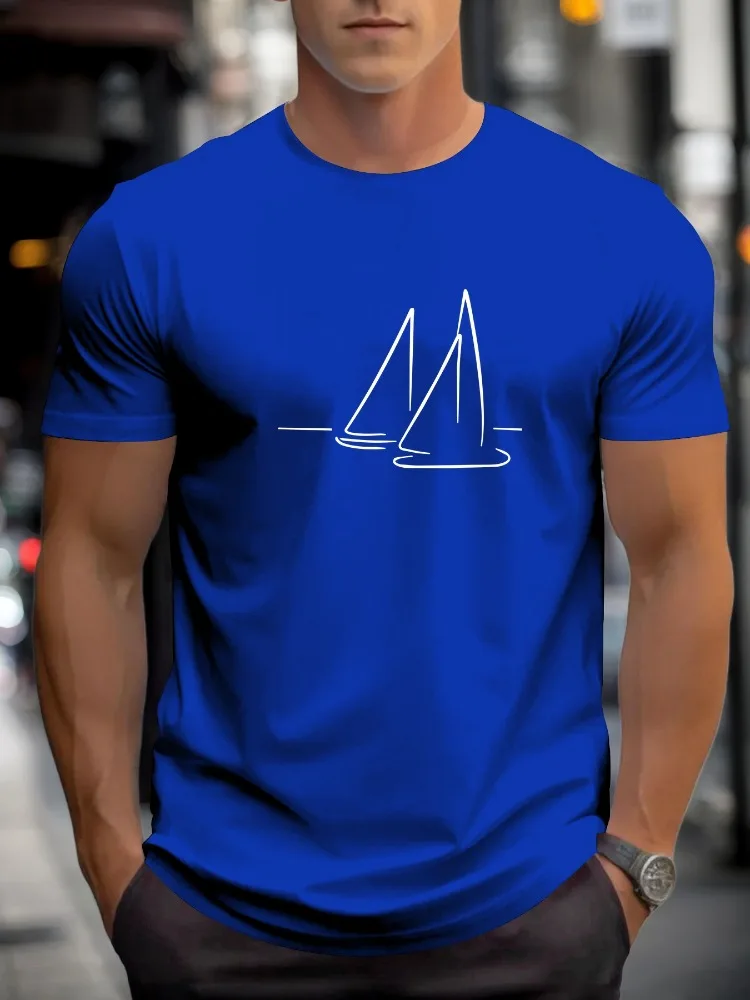2026 Summer New Style Men's Pure Cotton T-Shirt Street Casual Fashion Comfortable Soft Breathable Simple Boat Pattern Print