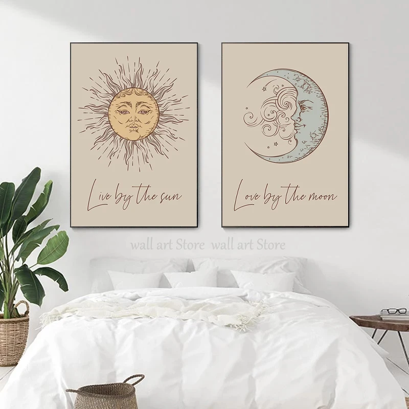 Boho Sun Moon Poster Mystical Celestial Canvas Painting Quote Beige Art Print Abstract Wall Picture Nursery Living Room Decor