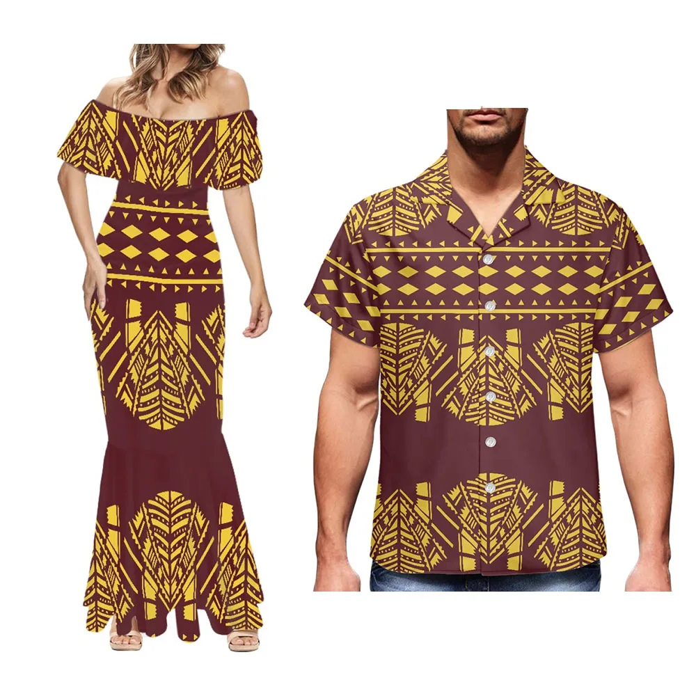 Samoan Tattooed Couple Dress Men's Stylish Single Breasted Shirt Paired With Women's Strapless Hip Dress Summer Polynesian Print