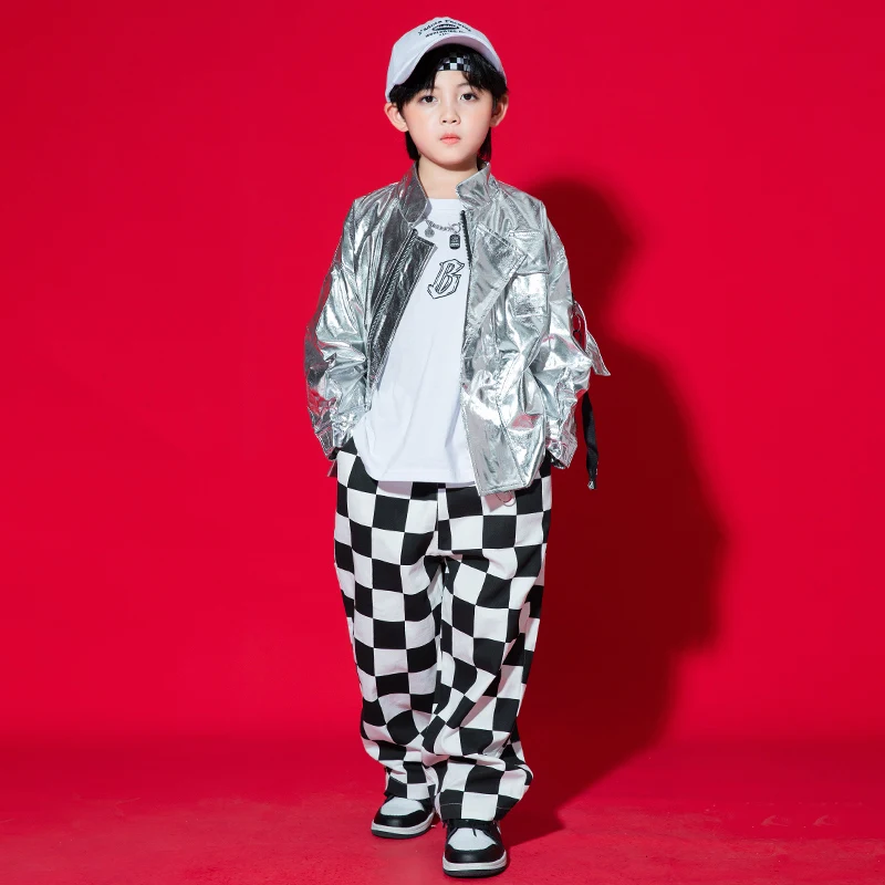 Kids Hip Hop Clothing Sequined Silver Jacket Tops Casual Pants Streetwear For Girl Boy Jazz Dance Costumes Clothes Kpop Outfits