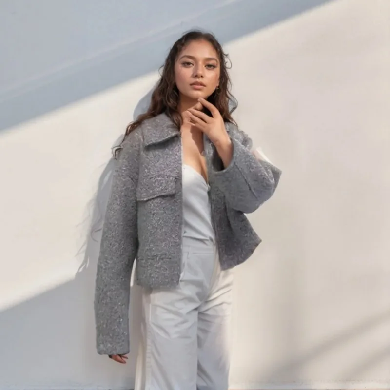 

2024 new Tweed Cropped Jacket Women Grey Zip Oversize Jacket Woman Long Sleeve Casual Jackets for Women Streetwear Soft Coats