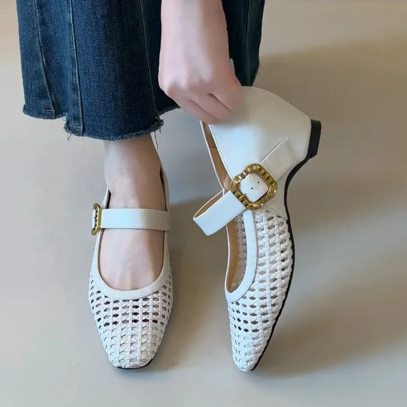 2026 Square Toe Woven Hollow Inside Heightened Jane Commuter One Word Belt Simple Korean Single Shoes Woman