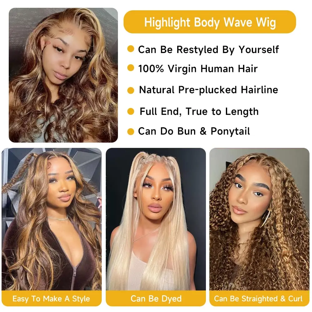 32-calowe Body Wave 13x6 Highlight Ombre Lace Frontal Wigs HD 13x4 180 Density 427 Lace Front Human Hair Wig Brown Brazilian