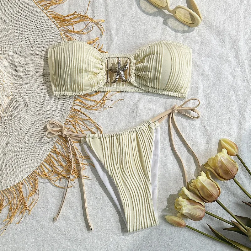

Women's Strapless Bandeau Swimsuits High Cut Tie Side Thong Ring Bikini Sets Bathing Suits