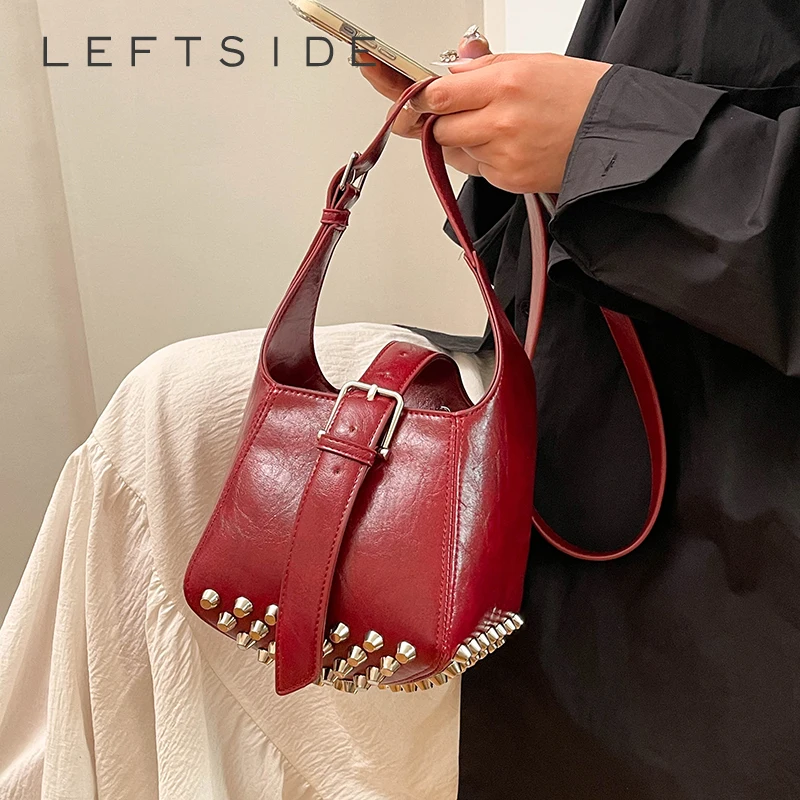 

LEFTSIDE Small Rivets PU Leather Bucket Bags for Women 2025 Y2K New Luxury Shoulder Crossbody Bag Females Handbags and Purses