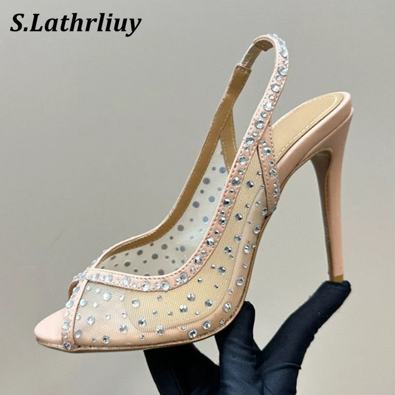 

Sexy Thin Heels Peep Toe Sandals Women's Transparent Mesh Shiny Rhinestone High Heels Sandalias Summer Party Banquet Dress Shoes