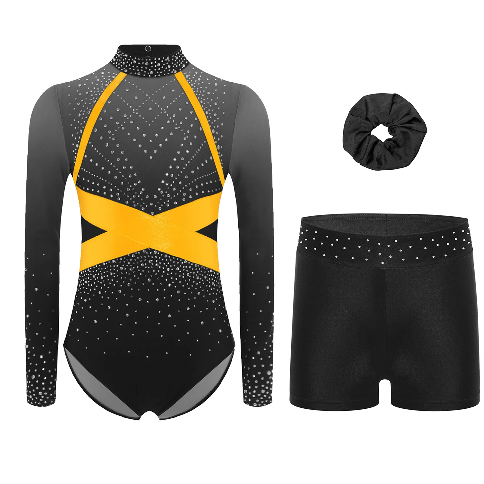 

Kids Girls Gymnastics Acrobatics Dance Outfit Long Sleeve Leotard with Shorts And Hairband for Dance Performance Workout Outfits
