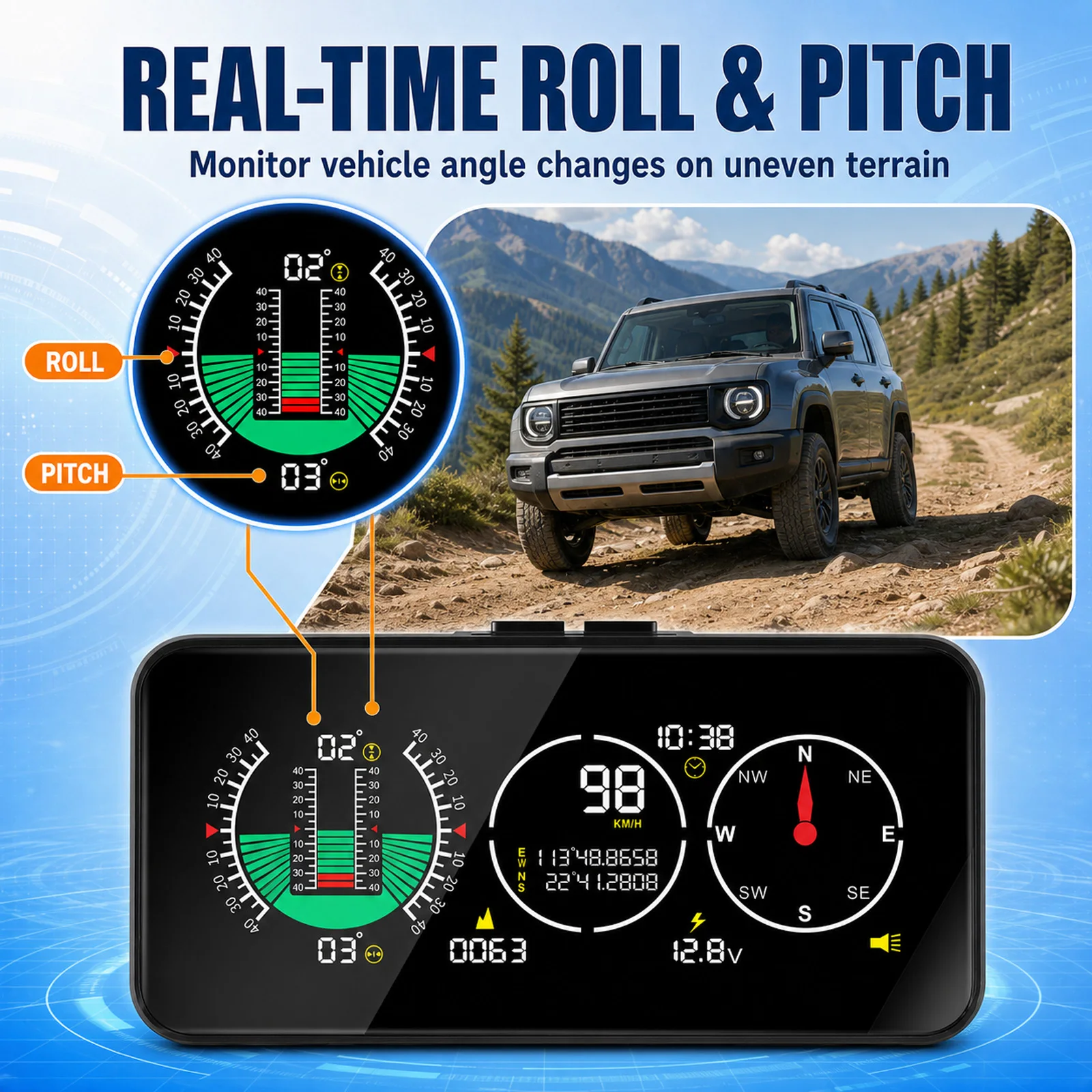 Car GPS Speedometer Off-Road Inclinometer - GPS Speed, Tilt/Altitude, Accelerometer, Compass, Overspeed Alarm, Fatigue Alert