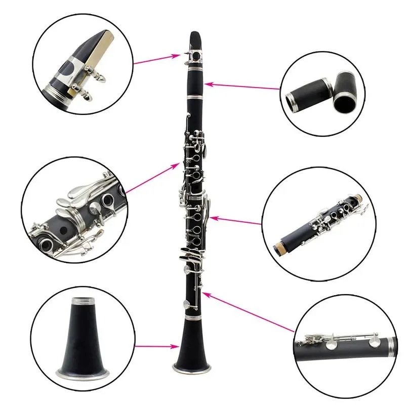 B Flat Clarinet 17 Keys Nickel Plated Bakelite Body Adult Grade Musical Instrument for Beginners Students Band Orchestra