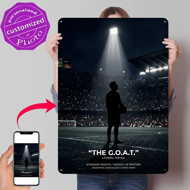 Lionel Messi 'The GOAT' Silhouette 3D Texture Printed Poster Custom Vintage Metal Tin Plate Sign for Wall Art Home Decor Items