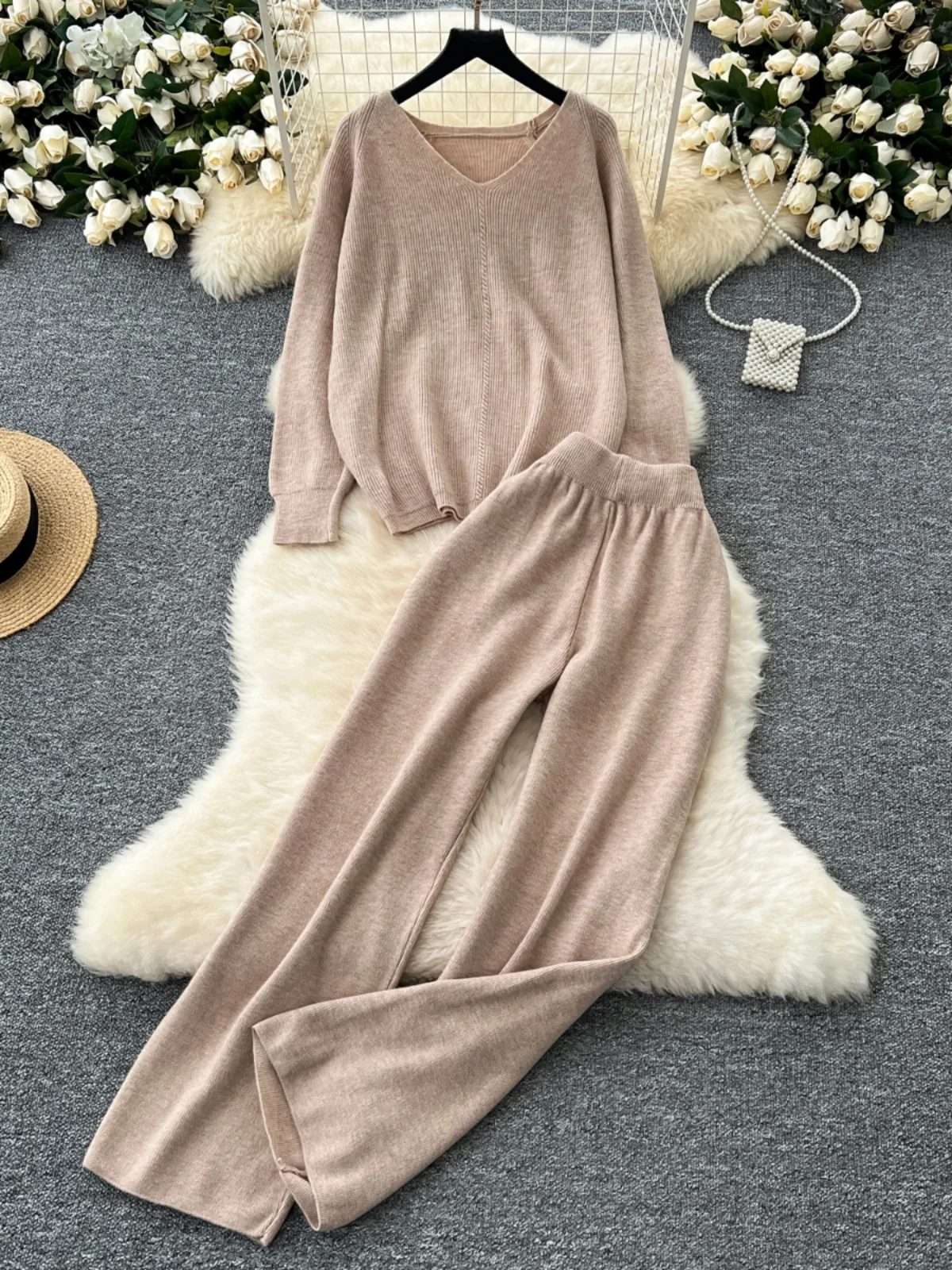 

Loose Long Sve V-Ne Knitwear Women's Autumn Winter Two-Piece Set High Waist Wide Leg Pants Comfortable Versatile Outfit