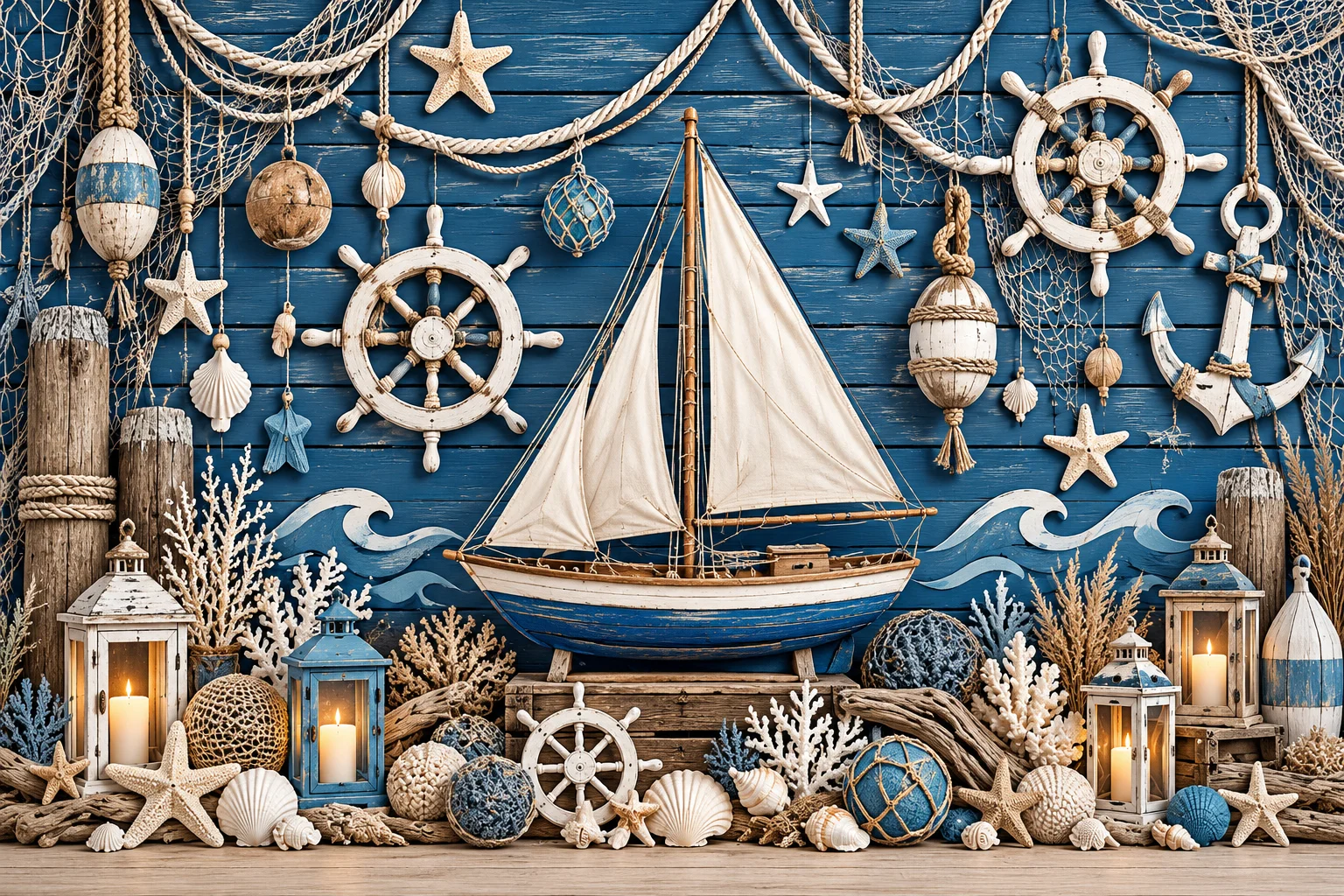 Nautical Backdrop Blue Wooden Wall Sailboat Ship Wheel Fishing Net Anchor Starfish Seashell Ocean Beach Summer Birthday Party
