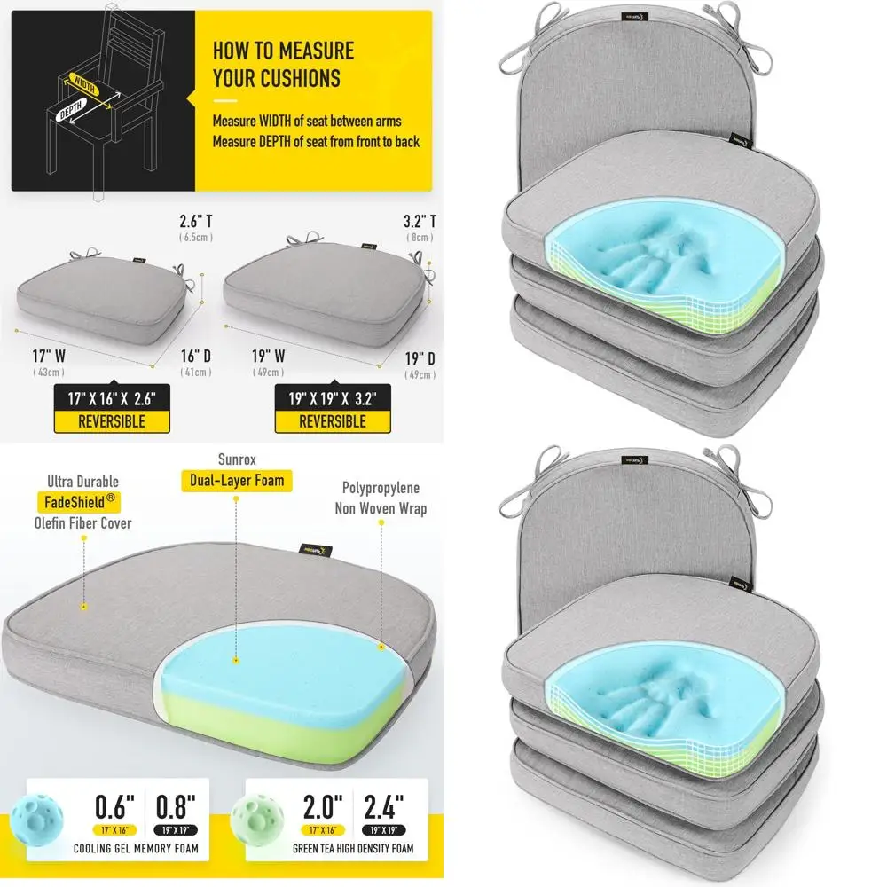 

Подушки для сидений из пены с эффектом памяти, устойчивые к выцветанию и пятнам, двусторонние с завязками, 17x16, набор из 4 штук, серый верес для использования в помещении и на открытом воздухе