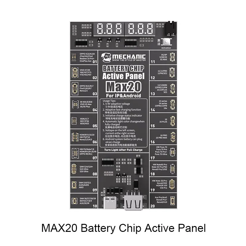 Mechanic MAX20 Battery Chip Active Panel Fast Charging One-click Activation For Android IP Detection Board Phone Repair Tester