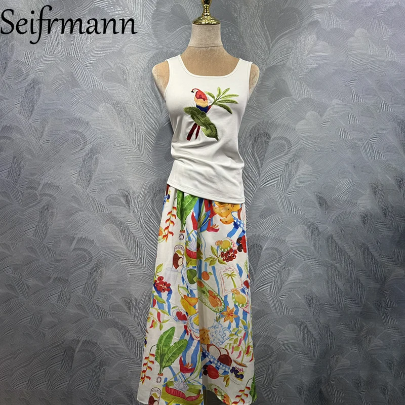 

Seifrmann 2026 Summer Women's Fashionable Embroidered Cotton Tank Top+Printed Half Skirt Two Piece Set