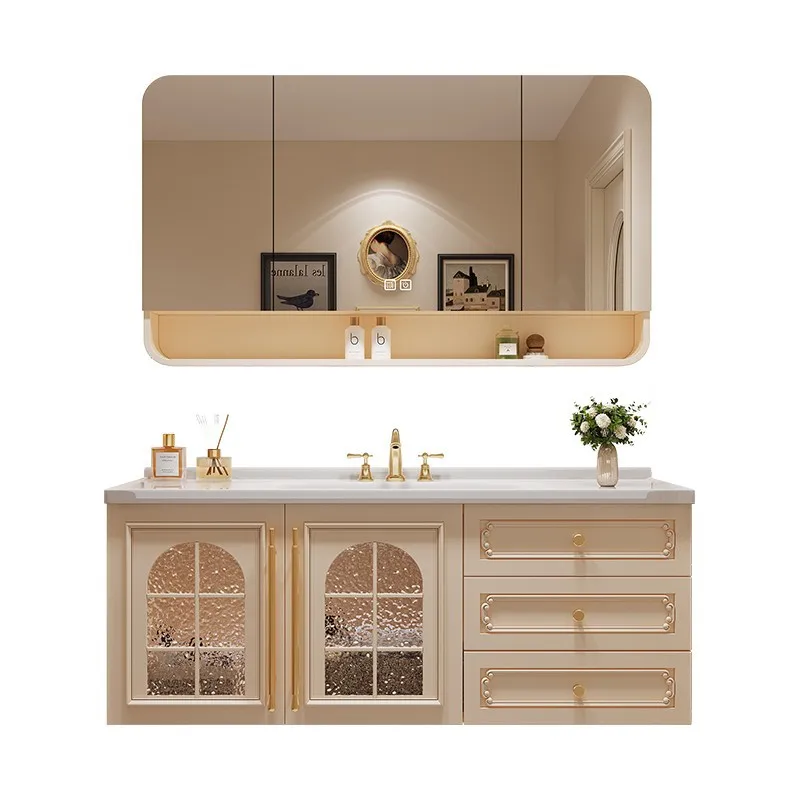 

French bathroom cabinet combination ceramic integrated basin rock slab washbasin toilet sink cream wind washbasin cabinet