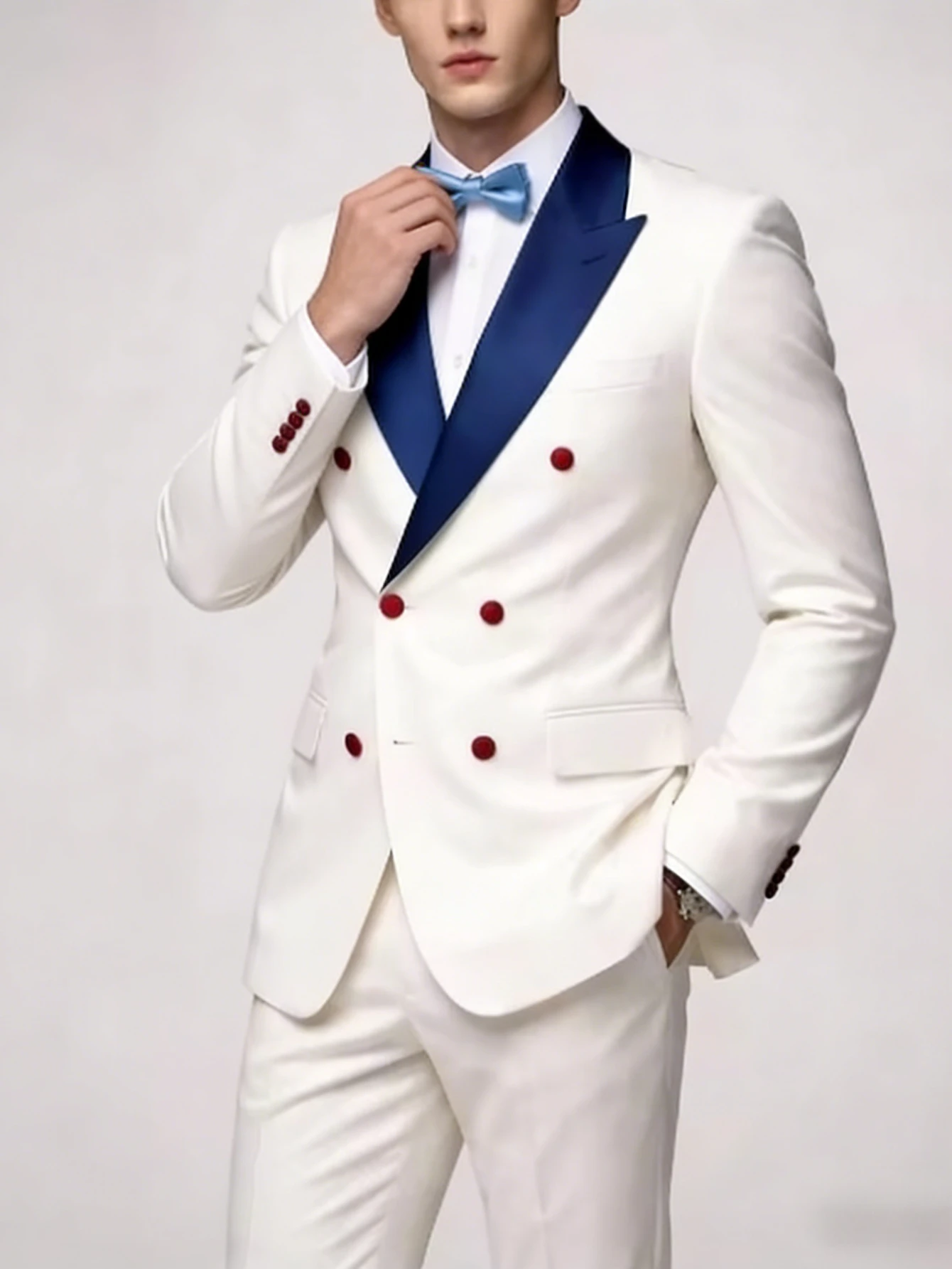 

New Blue Collar And White Men Suit Formal Groom Groomsman Wedding Party Prom Male Business Tuxedos 2 Piece Set Blazer Pants