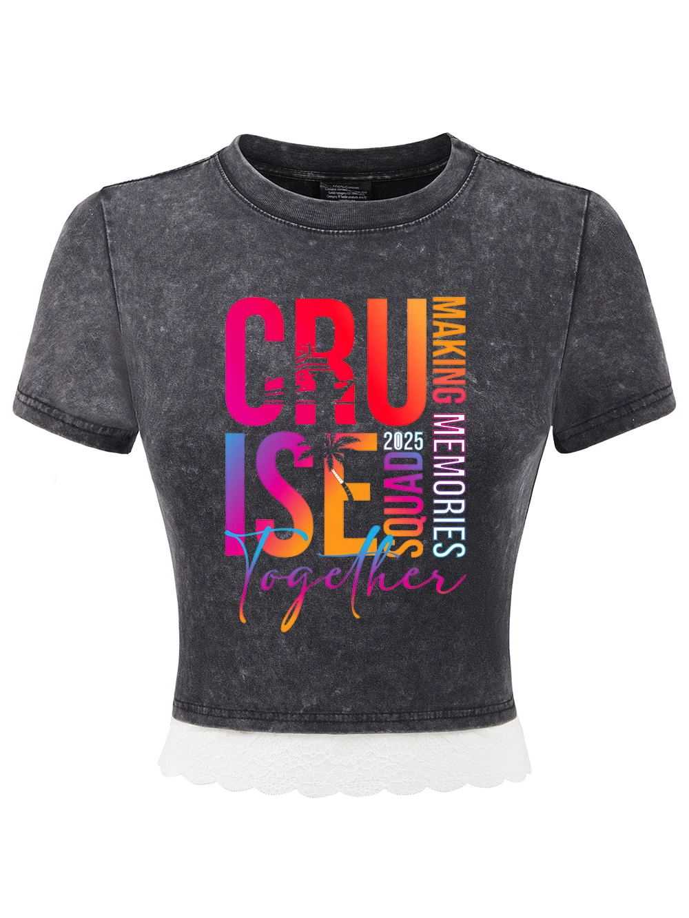 

Cruise Making Memories Together Print Cotton Washed T-Shirt Womens Summer Lace Hem Crop Tees Regular Fit O-Neck Tops Y2K Clothes