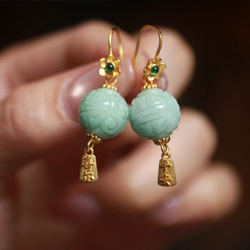 S925 Gold-Plated Jade Bead Earrings, Hand-Carved 'Peace & Happiness' Blessing Drops, Sterling Silver Jewelry