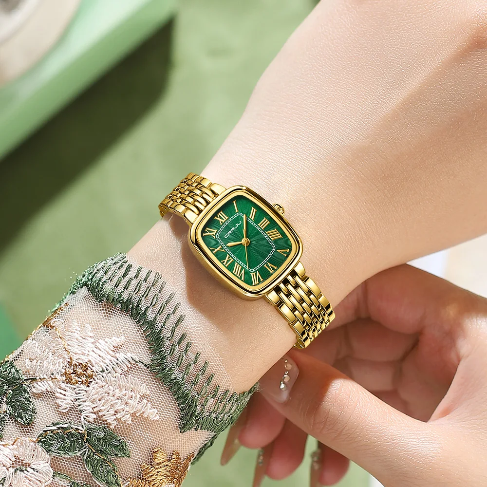 Gold Watches for Women with Vintage Rectangular Case,White Roman Dial,Stainless Steel Band,Adjustment Tool Included,Water Resist