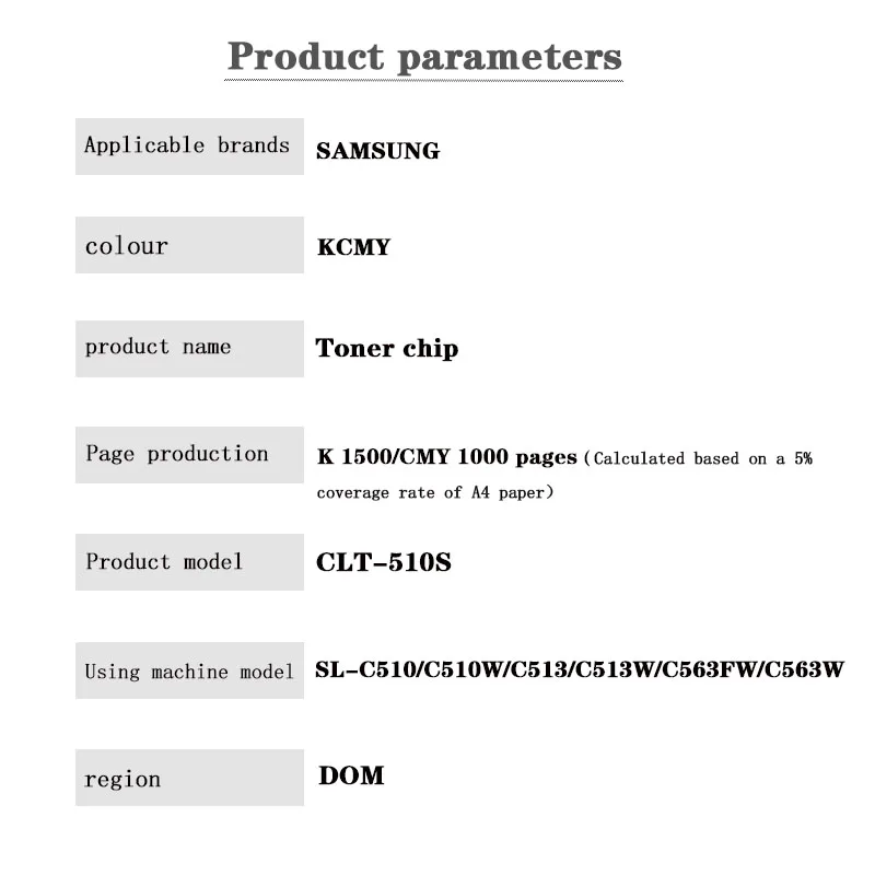 Dom Version CLT-510SK/CLT-510SC/CLT-510SM/CLT-510SY Toner Chip for Samsung SL-C510/C510W/C513/C513W/C563FW/C563W