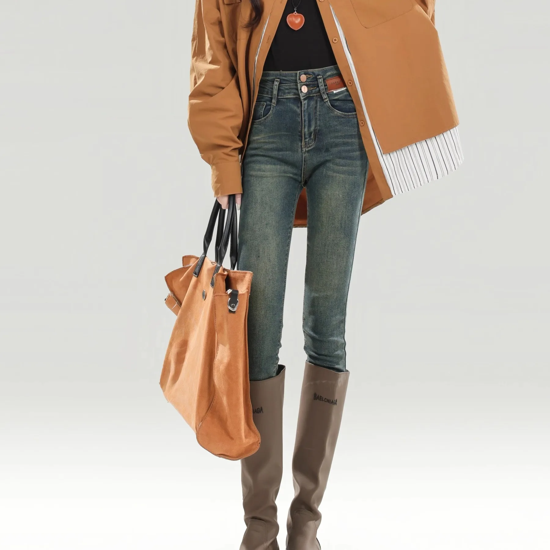 

Sexy Korean Sle High Waist Stretchy Fce Lined Slim Fit Jeans Women's Autumn Winter Nine Points Pencil Pants Casual Wear
