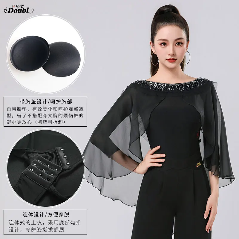 Doubl Moden Dance Special Jacket Hot Drill Collar Edge After Dovetail Jumpsuit Women Long Sleeve High-end Waltz Dance Dress