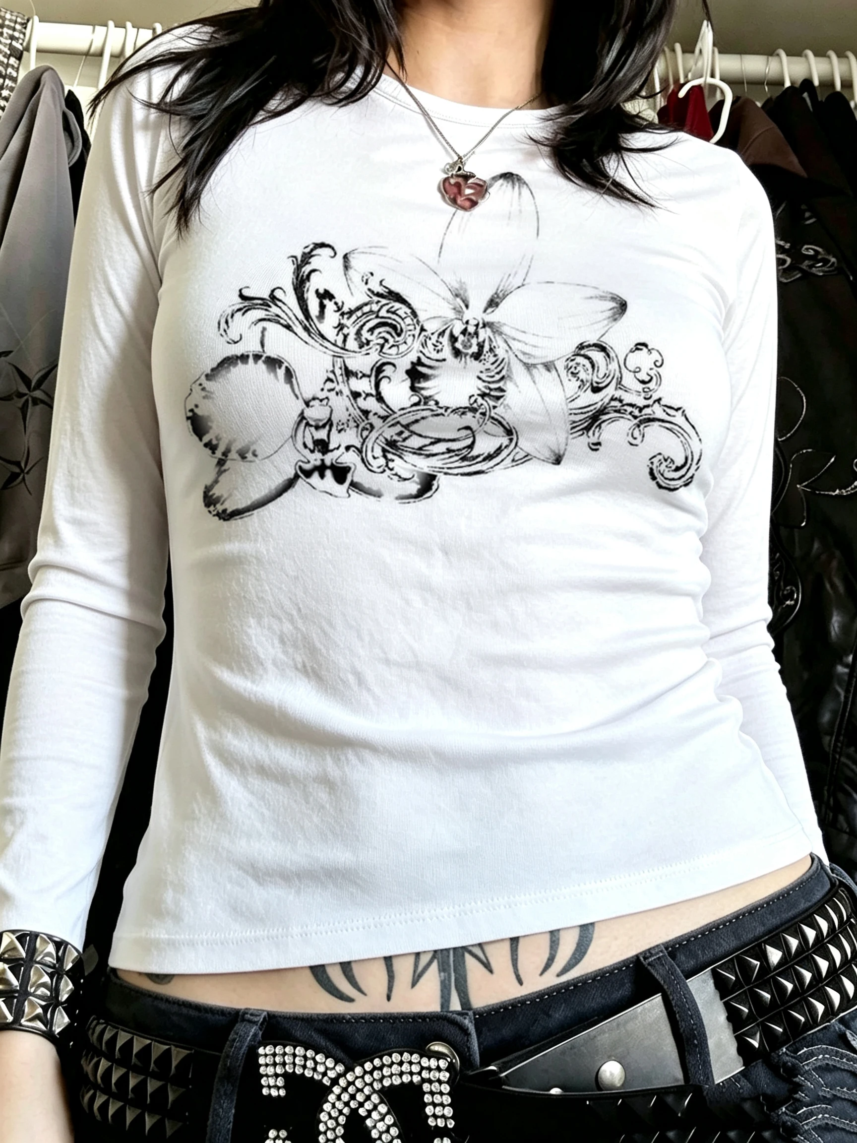 Women White Long Sleeve T-Shirt Y2K Tribal Tattoo Print Gothic Butterfly Vintage Streetwear Harajuku Emo Graphic Tee Top