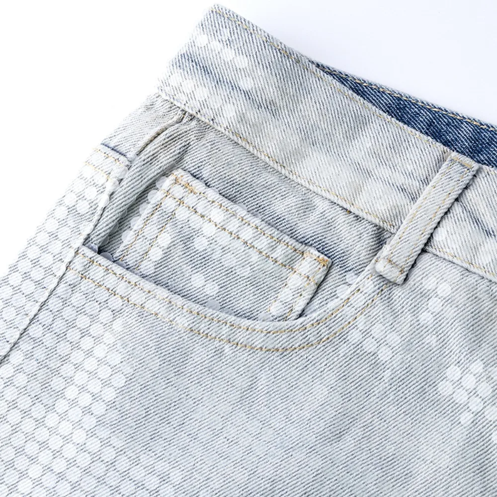 Early Autumn Retro Denim Pants Mens High Waist Slimming Hot Stamping Diamond Gradually Changing Color Loose Wide Leg Jeans