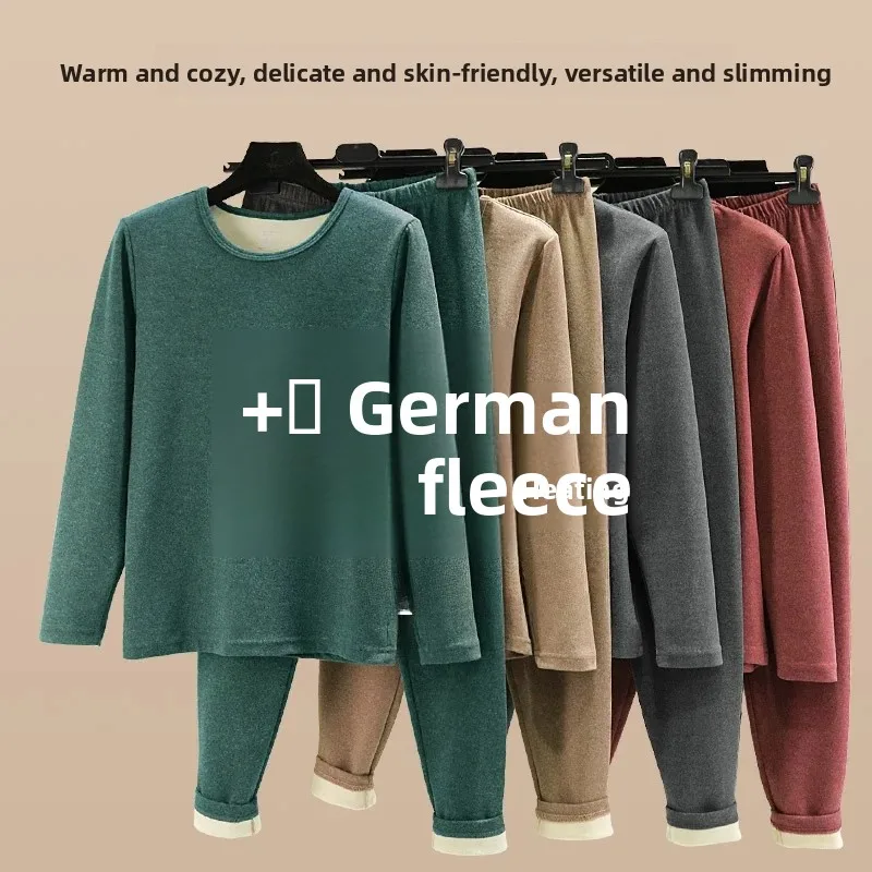 Men's Thermal Underwear Set Thickened Fleece Lined German Velvet Warm Comfortable Large Size Two Piece Suit for Autumn Winter