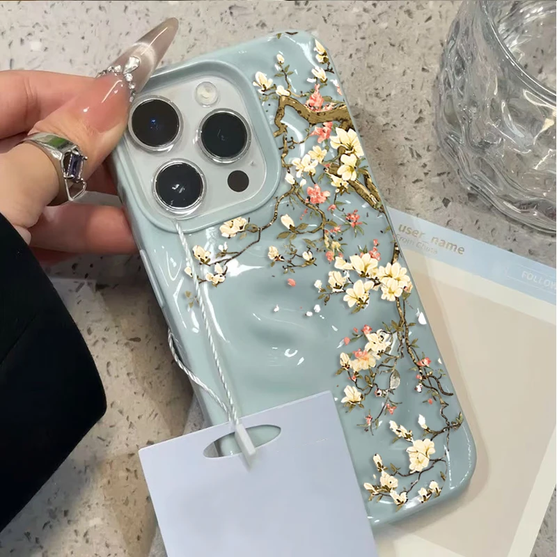 Magnolia Flower Branch Wavy Texture Phone Case For iPhone 11 12 13 14 15 16 Pro 17 Pro Max 15 Plus 16E Air Shockproof Soft Cover