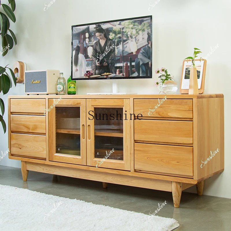 All solid wood short high-TV cabinet straight-to-floor cabinet small apartment Japanese-style living room simple FT