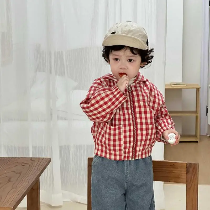 

2025 Autumn New Children Plaid Coat Boys Long Sleeve Hooded coat Baby Girls Casual Zipper Jacket Fashion Infant Toddler Clothes