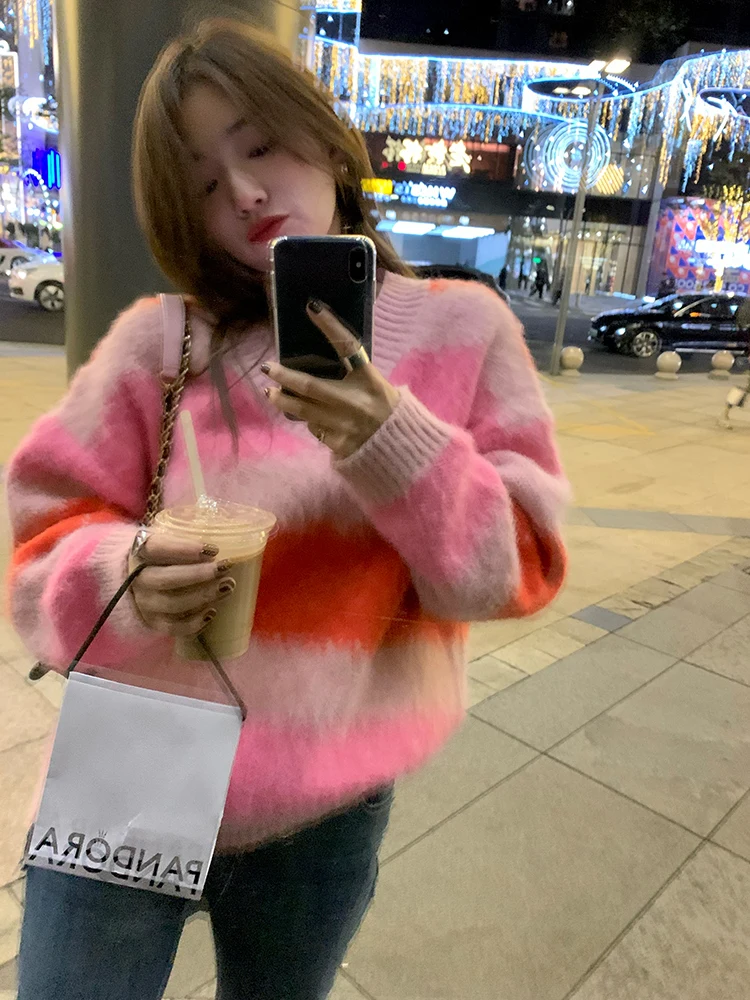 

Women's Stripe Knitwear Sweater Warm Camere Autumn Winter New Design Commute Sle Cotton Blend Long Sve round Ne