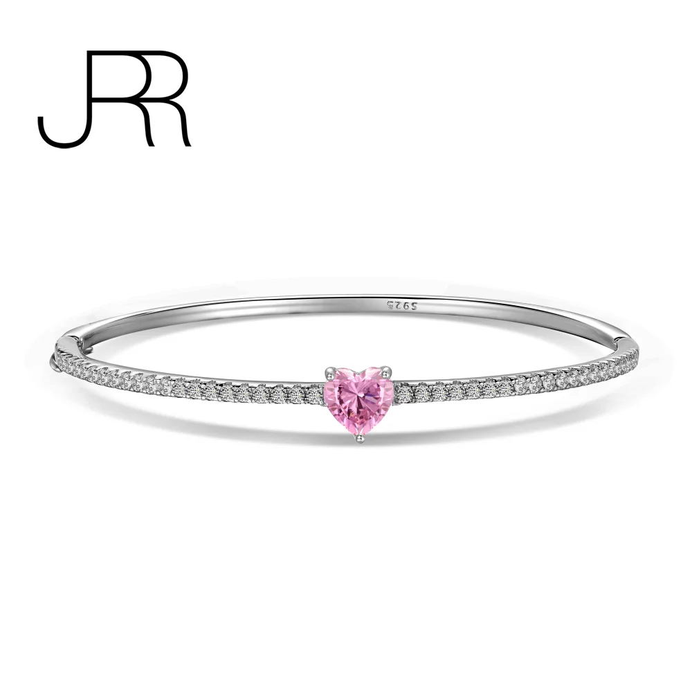 

JRR New Arrival 925 Sterling Silver Pink Heart Wedding Party Created Diamond Bangle Bracelet Fine Jewelry Gift Free Shipping